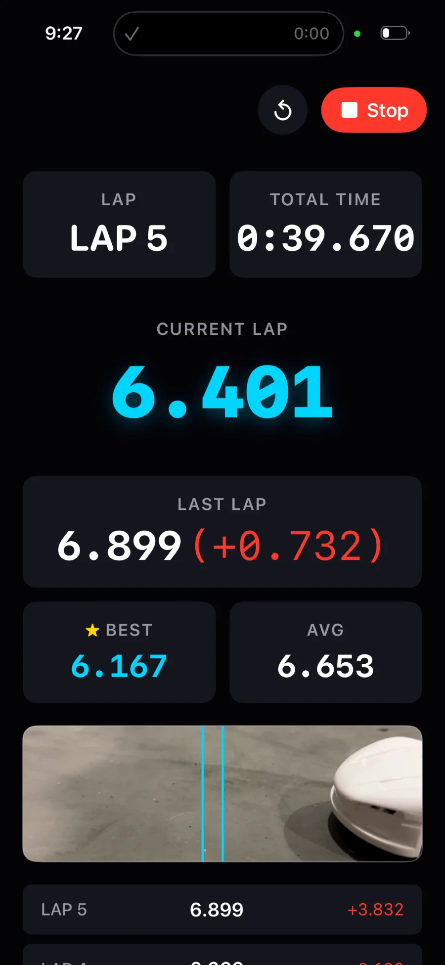 Club Laps live lap timing on iPhone showing the current lap, last lap delta, best lap, and the camera detection zone