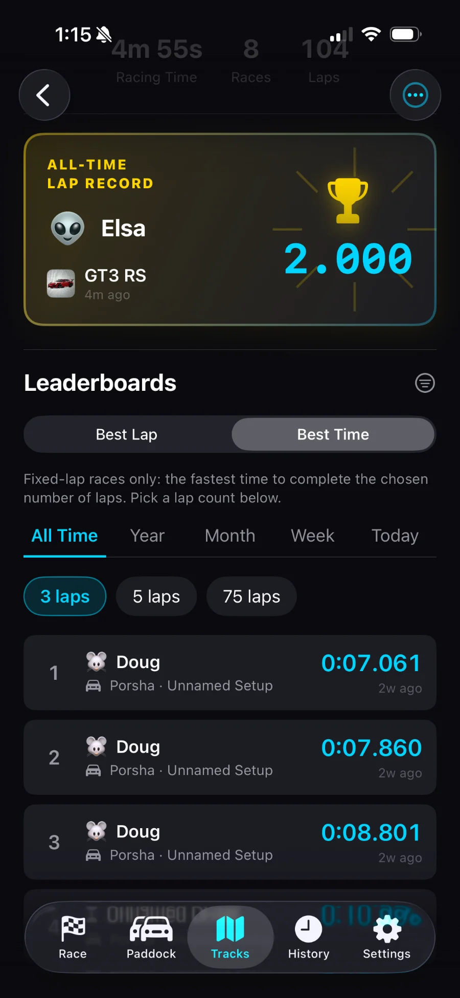 Club Laps leaderboards with Best Lap and Best Time boards grouped by lap count